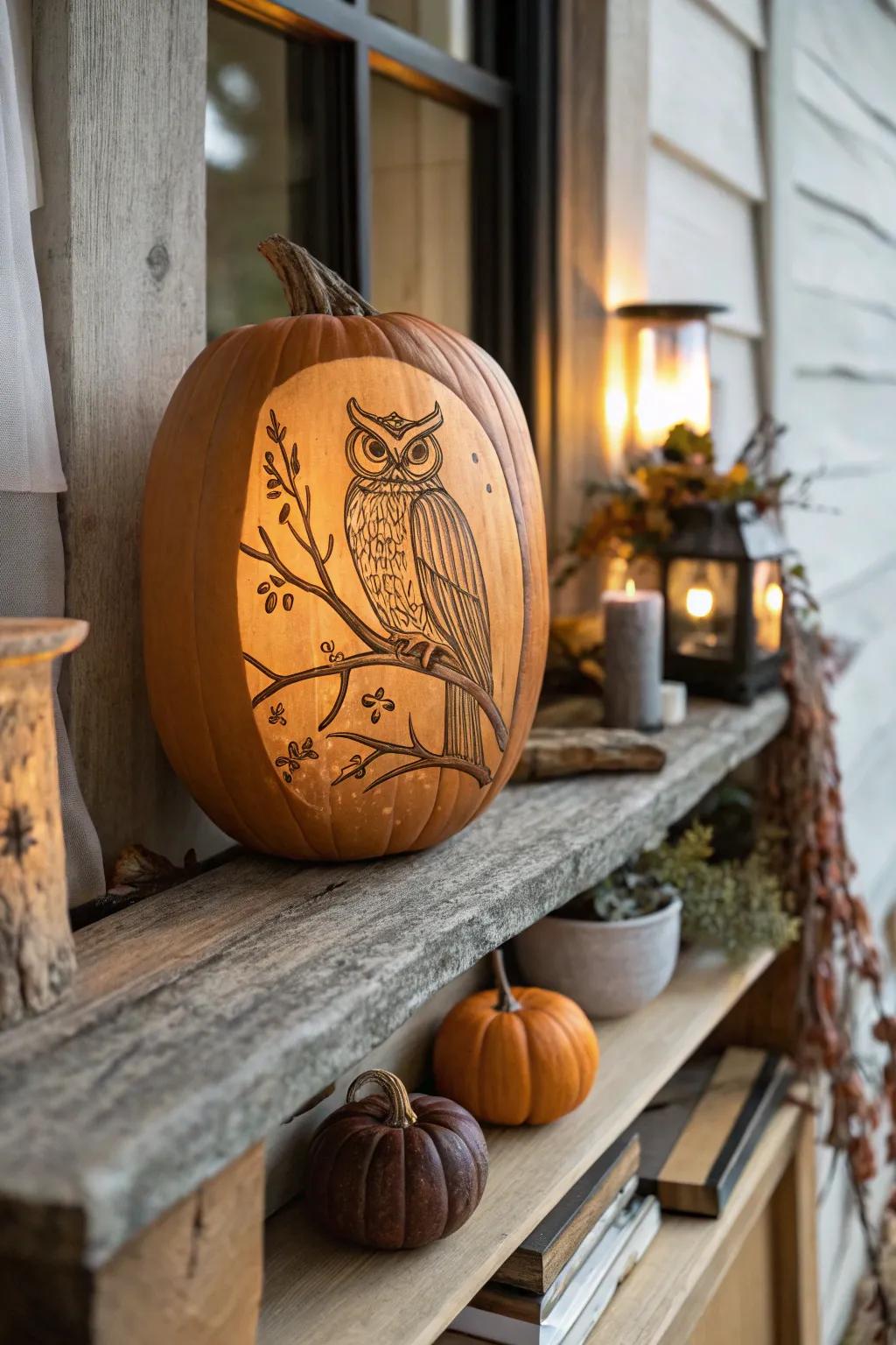 An owl perched on a branch brings a touch of nature indoors.