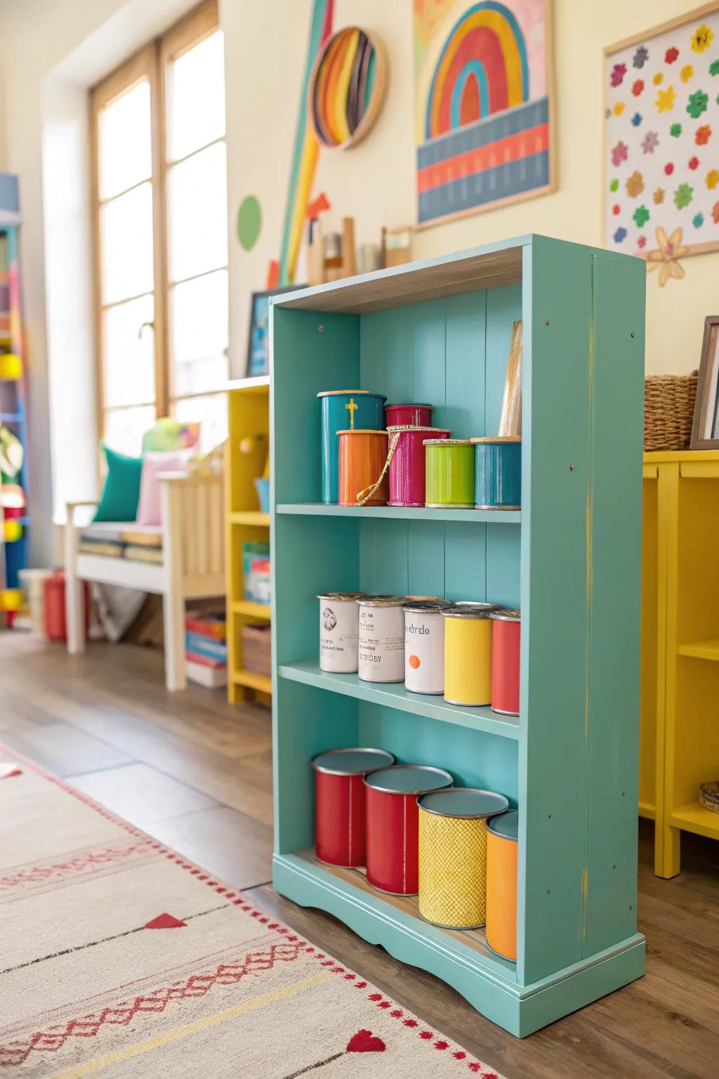 Bookshelf, repurposed, colorful, storing paint cans.