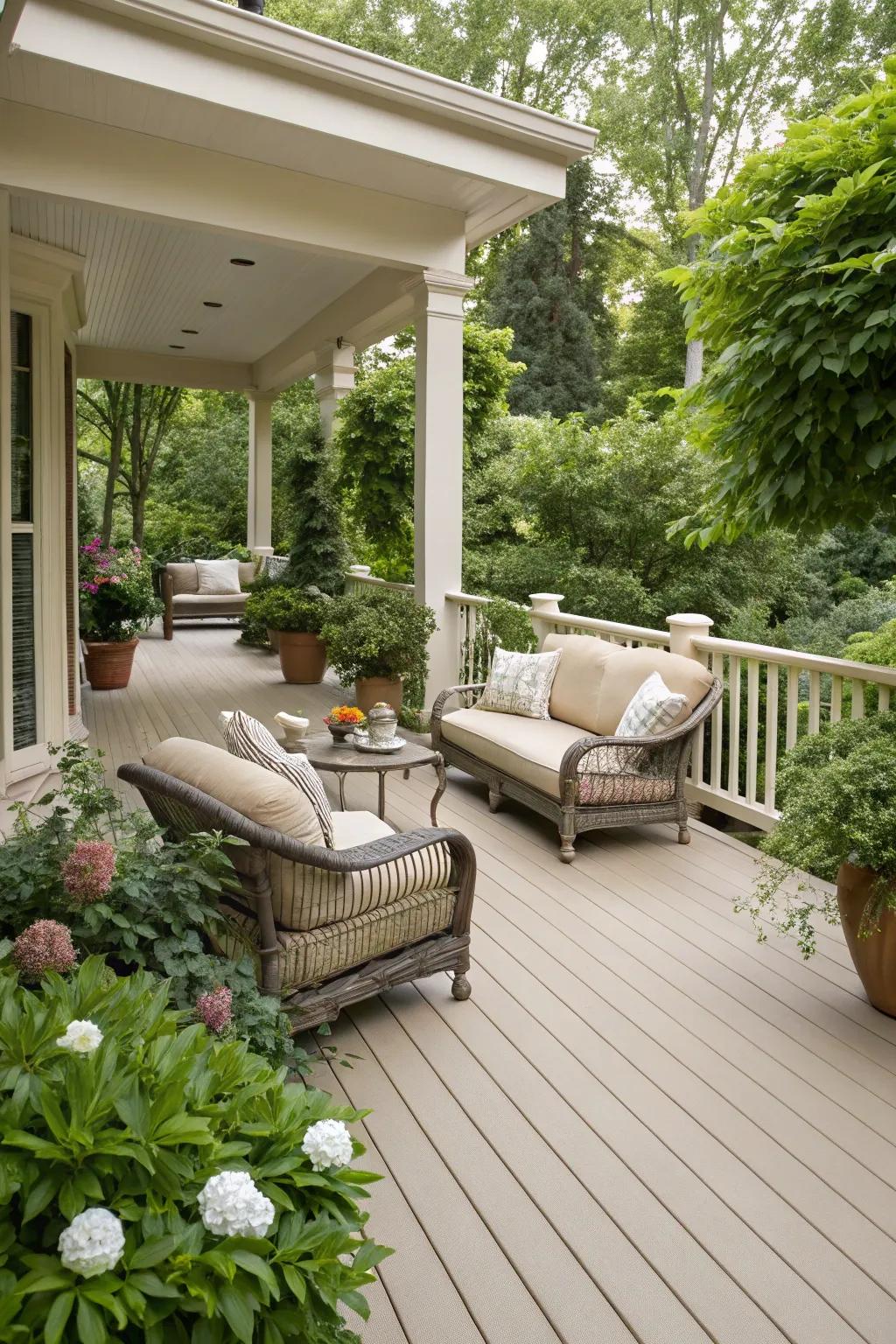 A sophisticated beige deck, providing a neutral backdrop for outdoor decor.