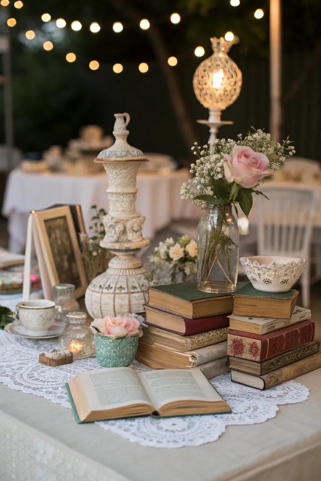 Unconventional materials such as books adding personality to the centerpiece