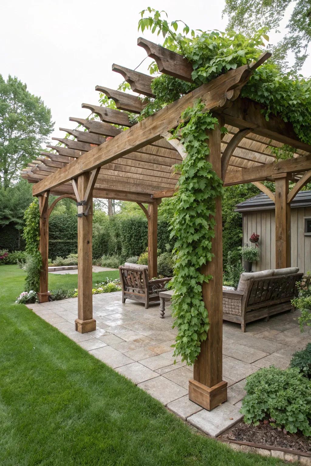 Teak wood pergolas provide luxury and durability.