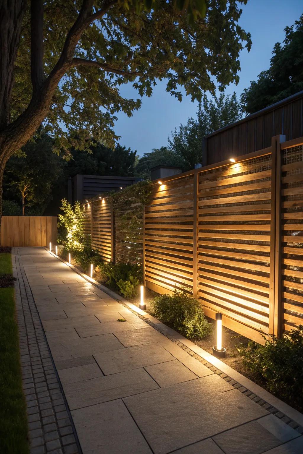 Lighting transforms slatted fences into evening highlights.