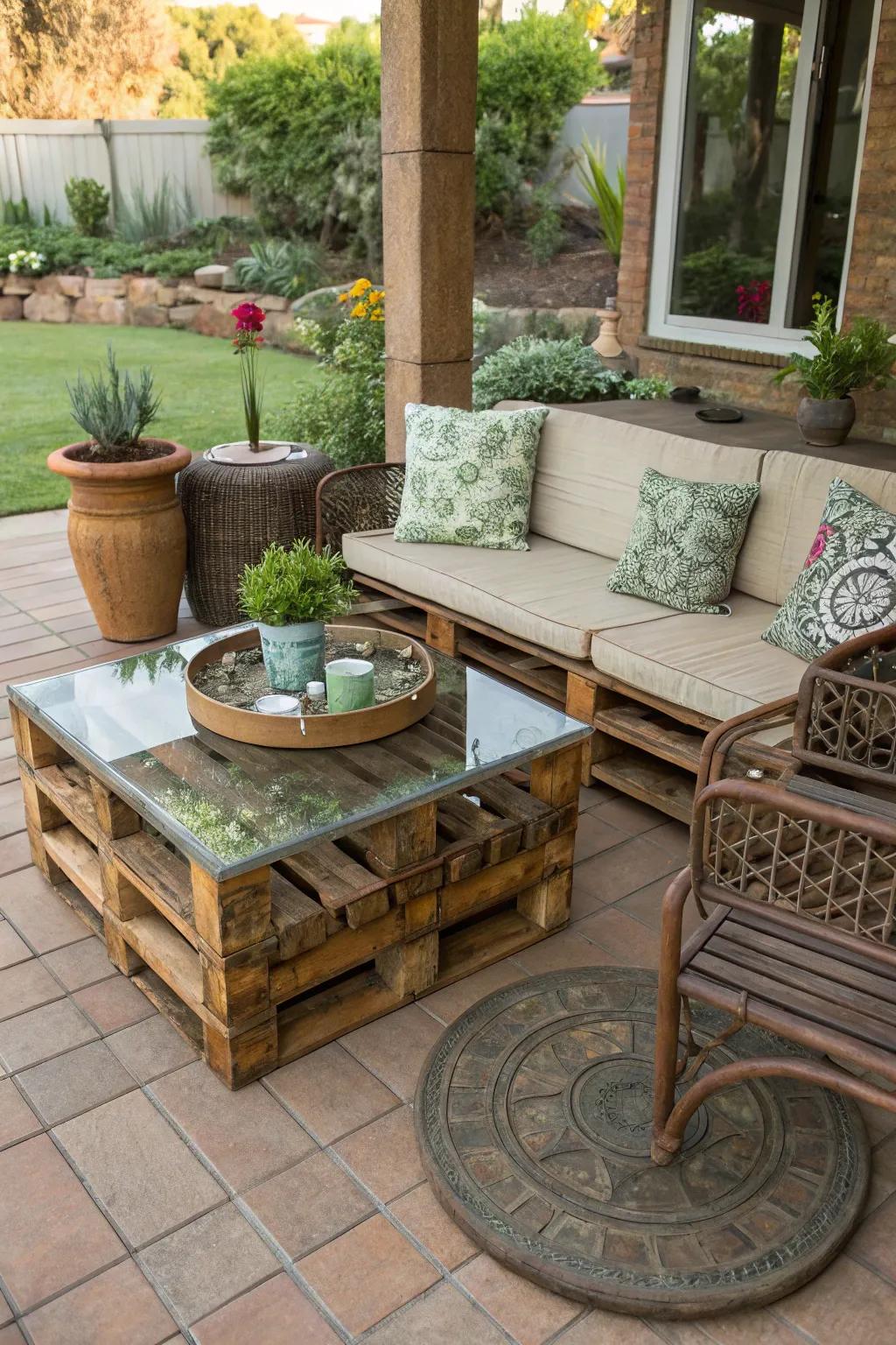 Patio elements fashioned from repurposed materials lending character.