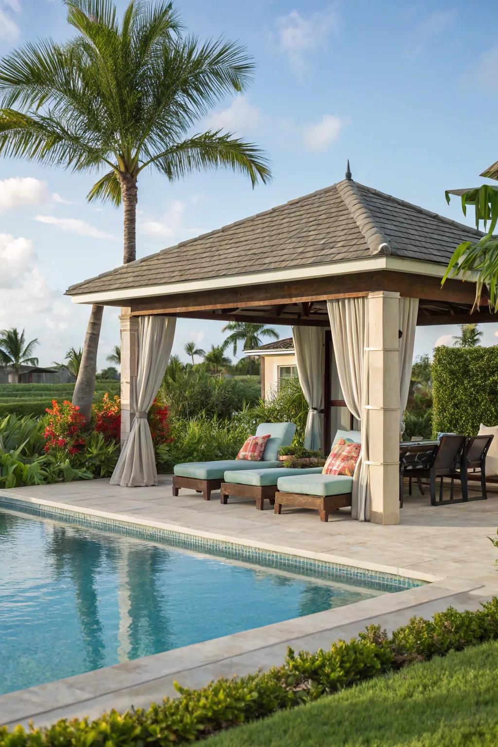 A retreat provides a chic poolside haven.