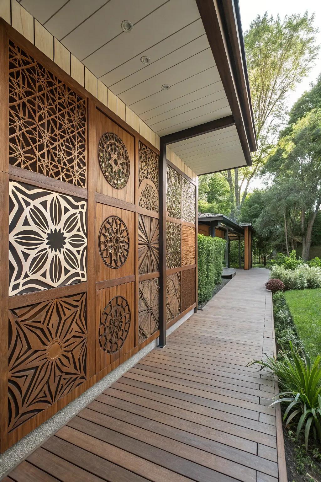 A modern patio wall featuring geometric wood panel art.