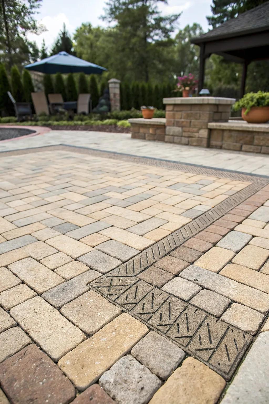 A paver patio featuring a mixture of herringbone and basketweave patterns for added interest.