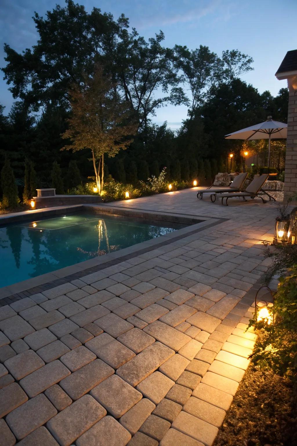 Lighting highlights the beauty of pavers, making a magical night vibe.