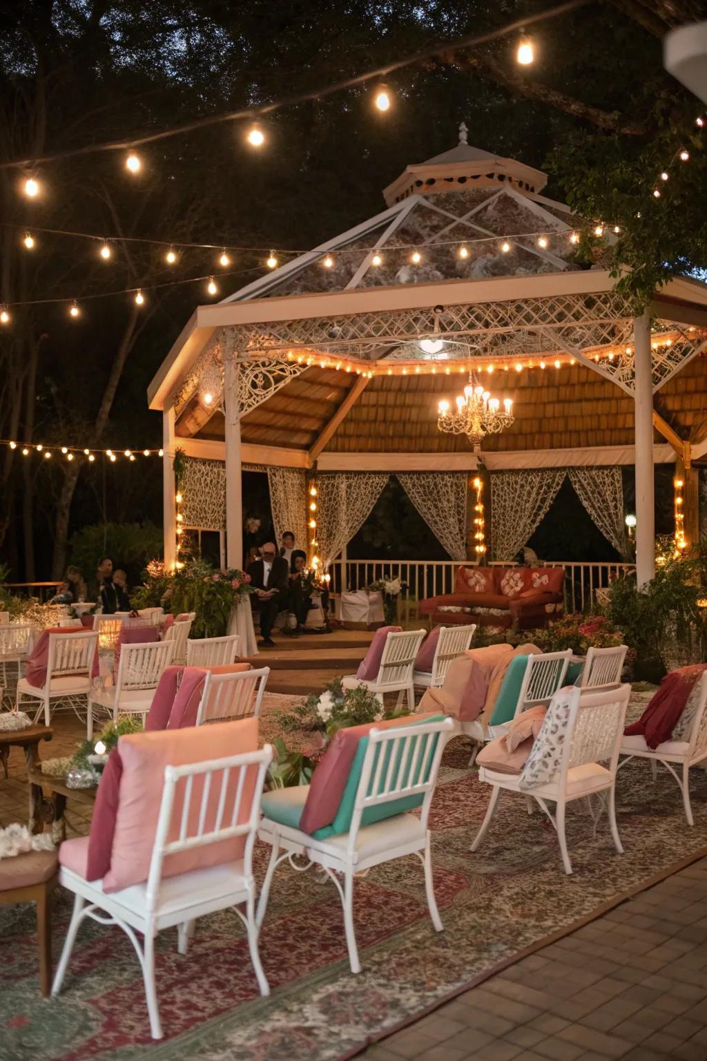 Cozy seating injects an intimate and eclectic vibe into the wedding.