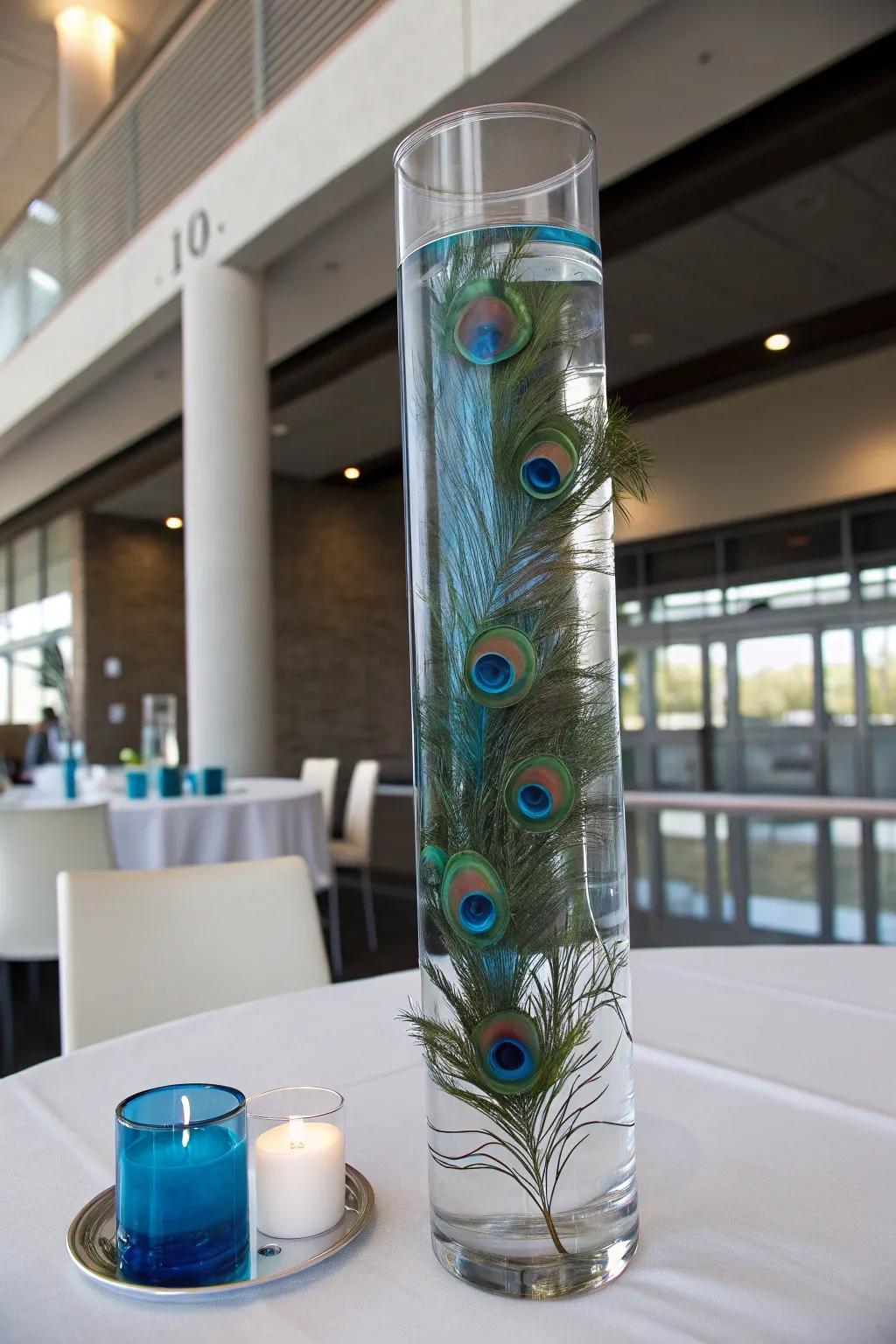 A striking weightless centerpiece showcasing peacock plumes.