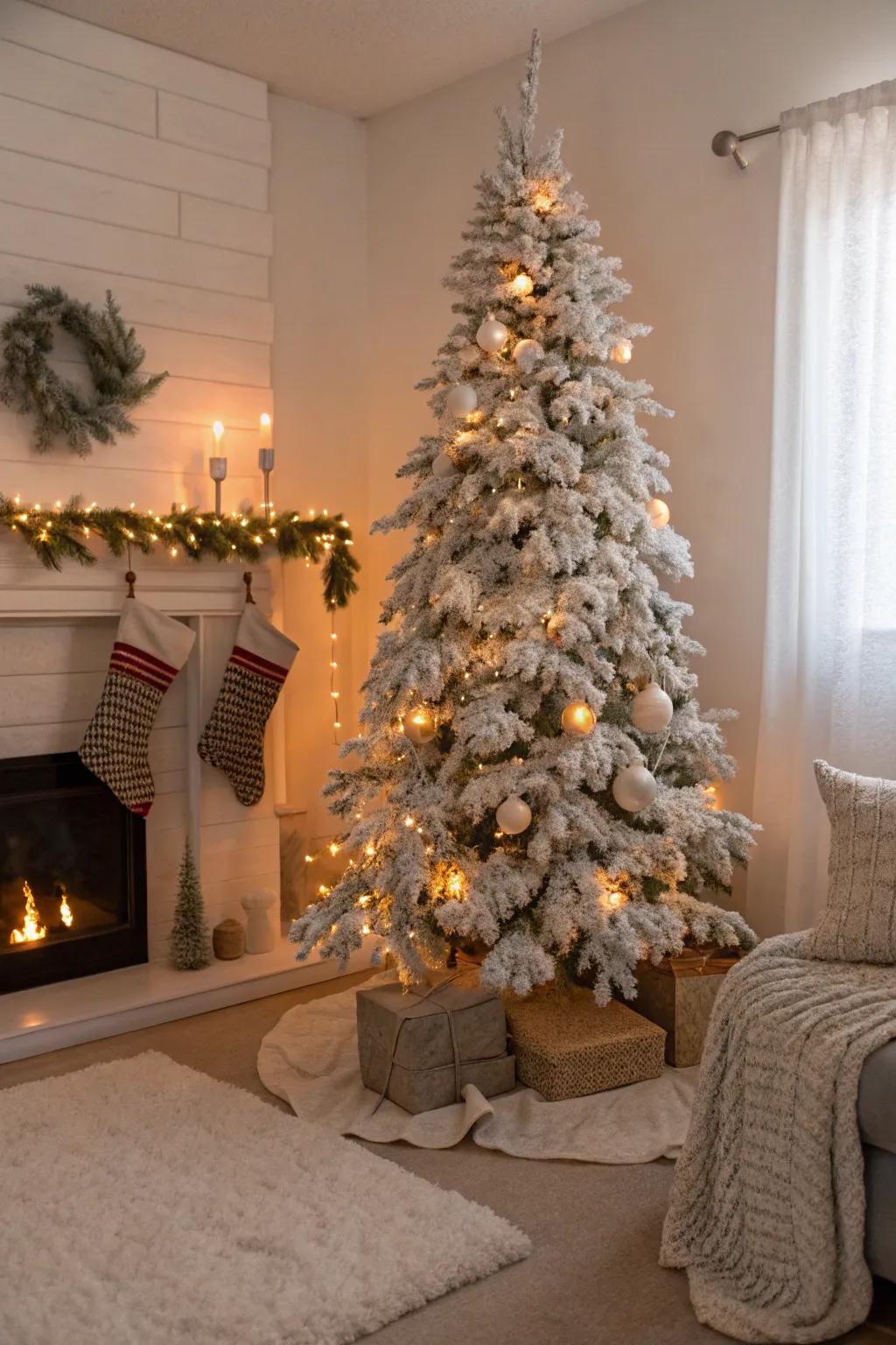 Flocked pencil Christmas tree with a snowy, magical look.