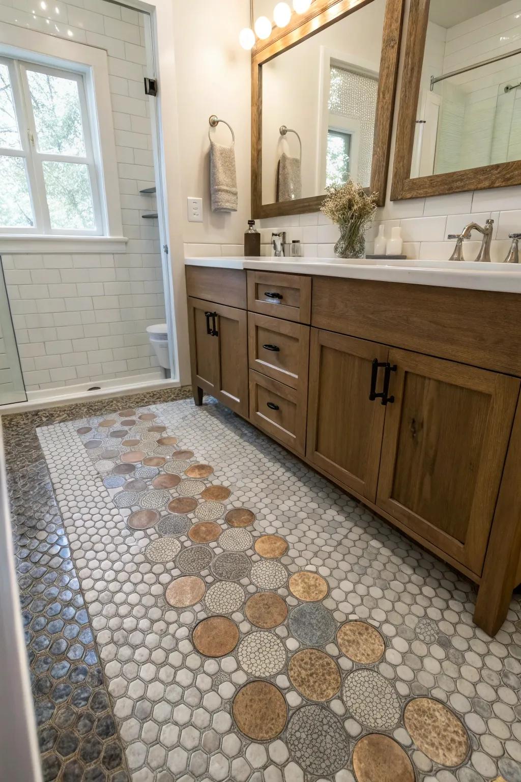 Mix and match textures with penny tiles for added depth.