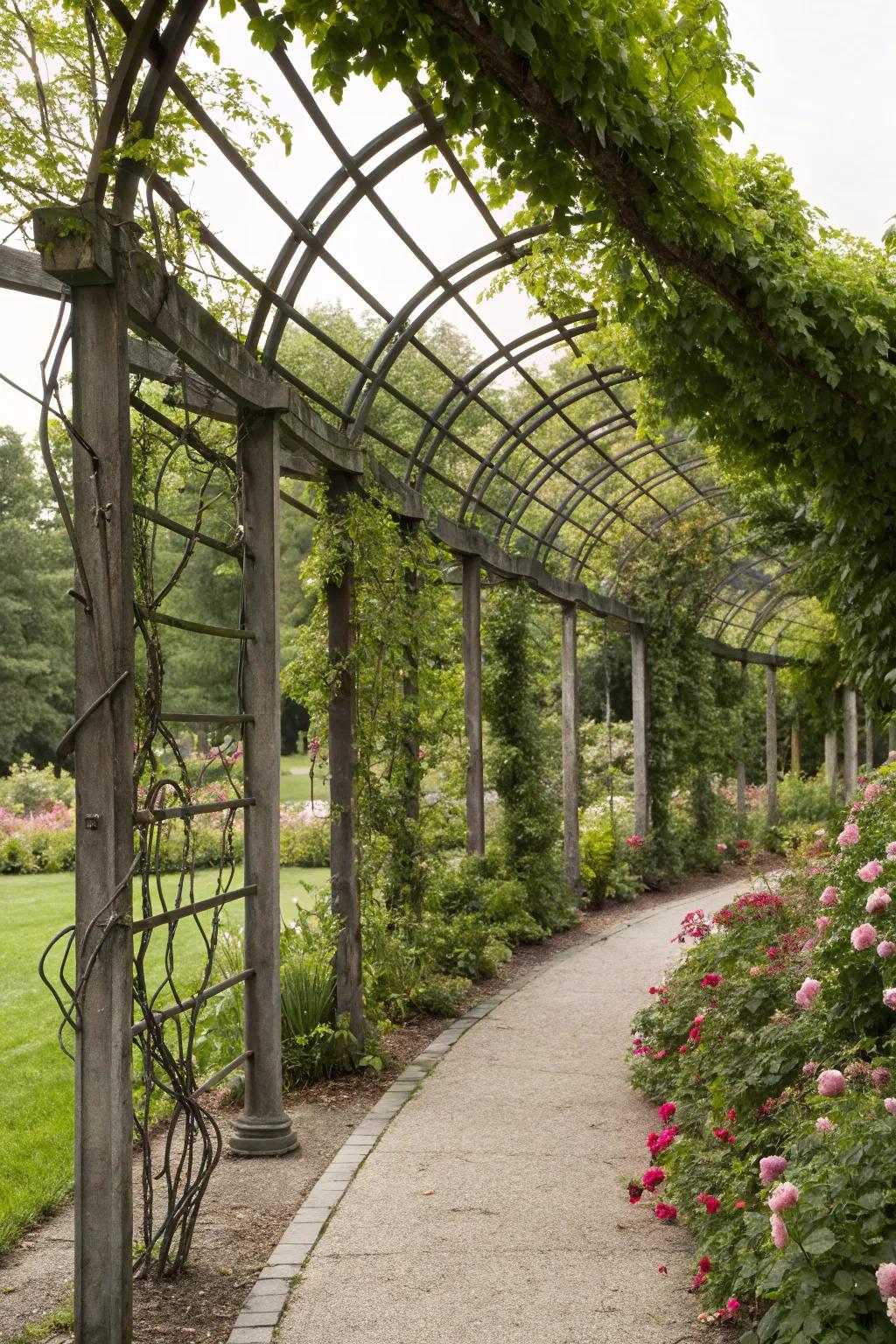 Metal trellises add architectural interest and support for greenery.