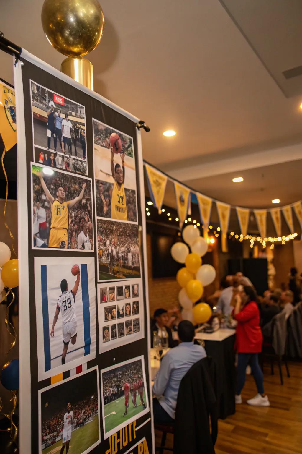 A sports fanatic banner with photos and memorabilia.