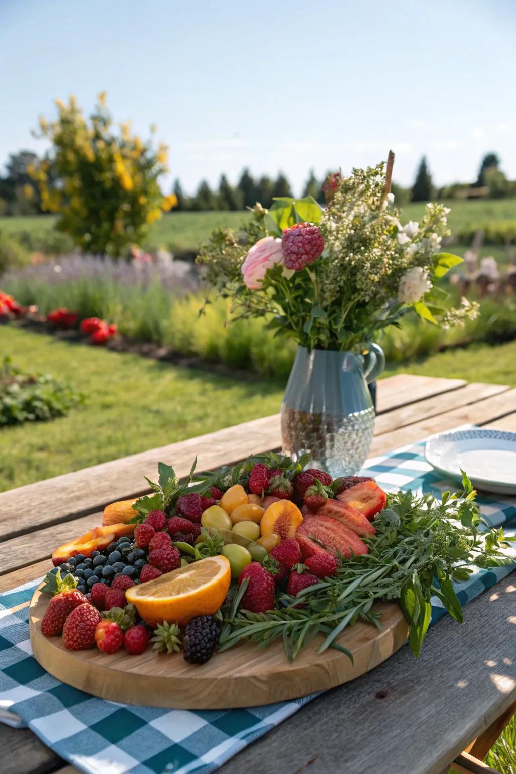 An edible centerpiece of fruits and herbs adds beauty and flavor to this table.