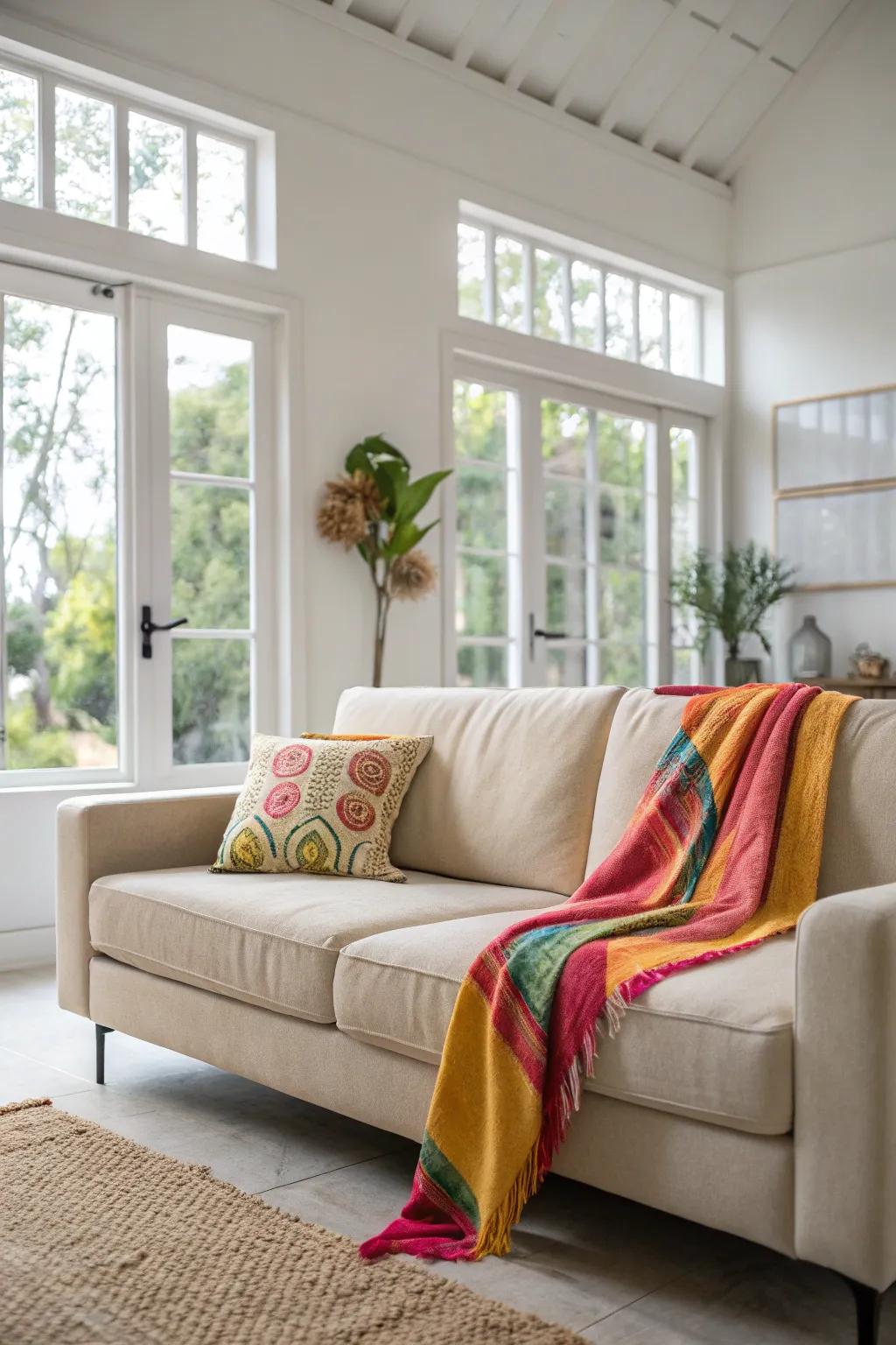 A bright throw on a neutral sofa, providing a surprise pop of color.