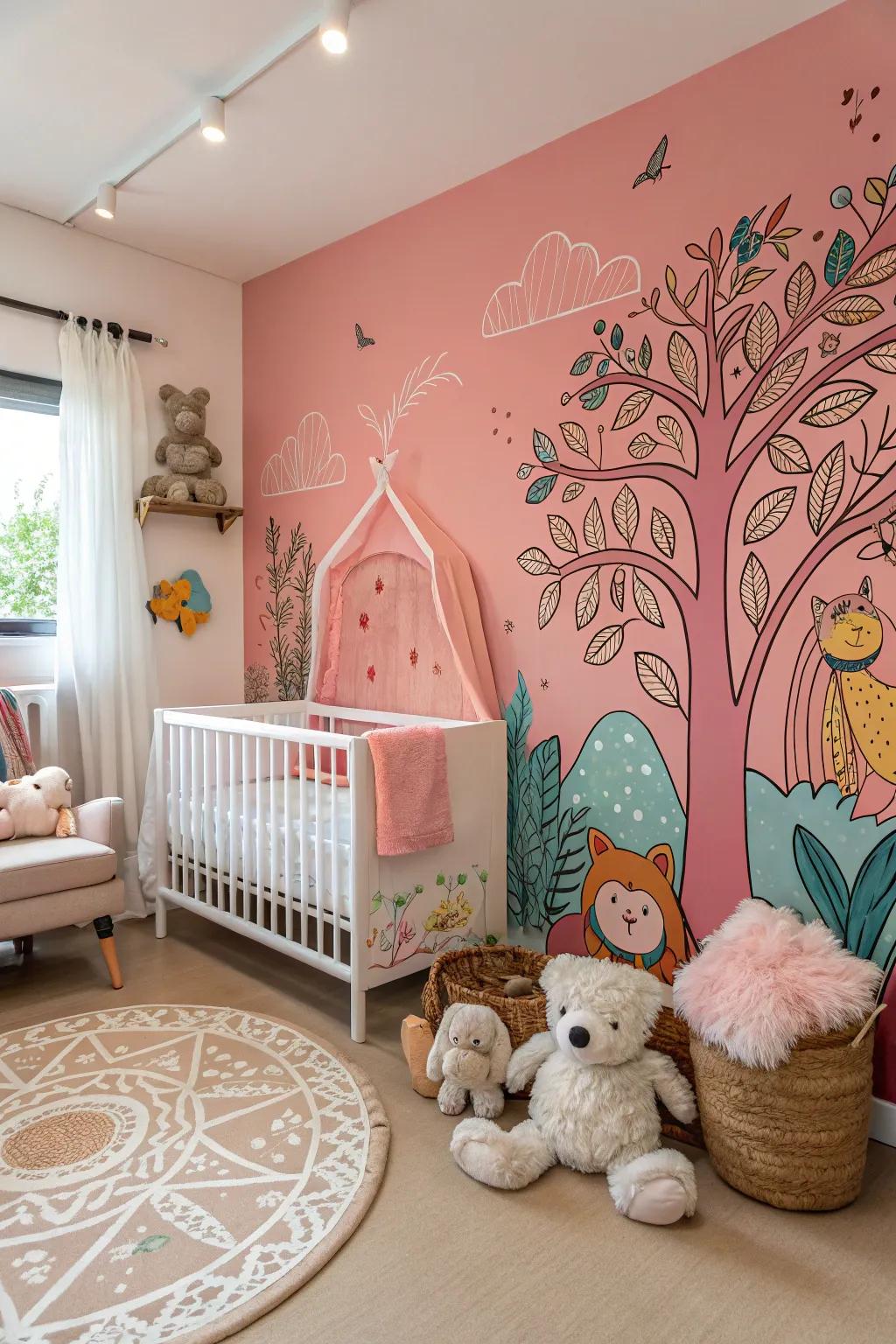 A nursery with an artistic mural that serves as a captivating centerpiece.