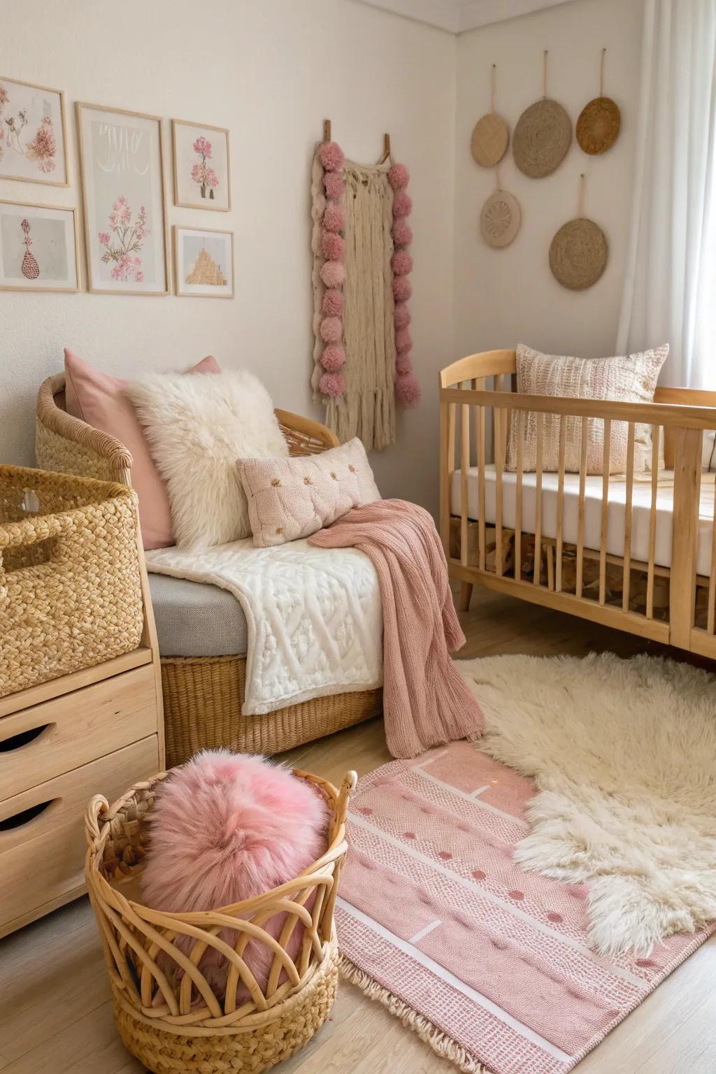Layered textures establish a rich and inviting nursery environment.