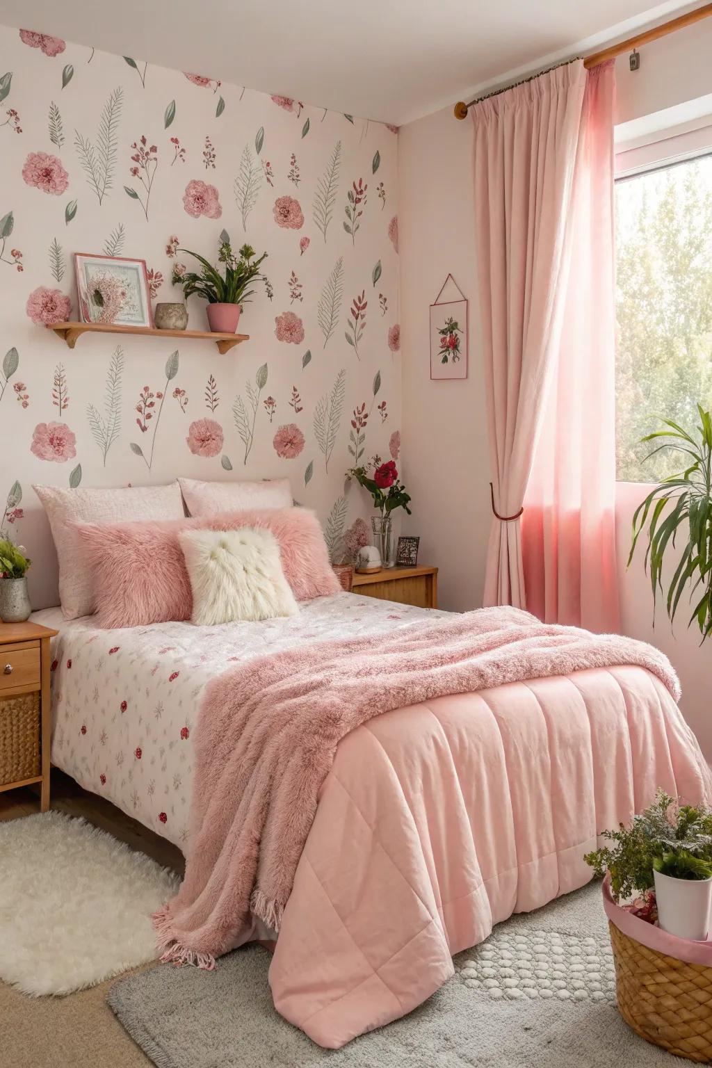Themed rose decor components append a festive element to this snug bedroom.