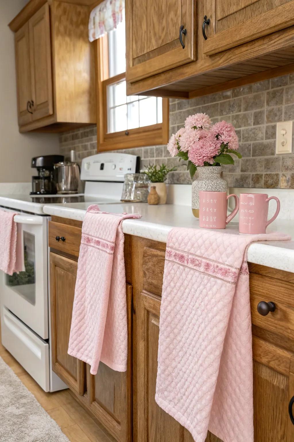 Rose accents bringing holiday warmth to the kitchen.