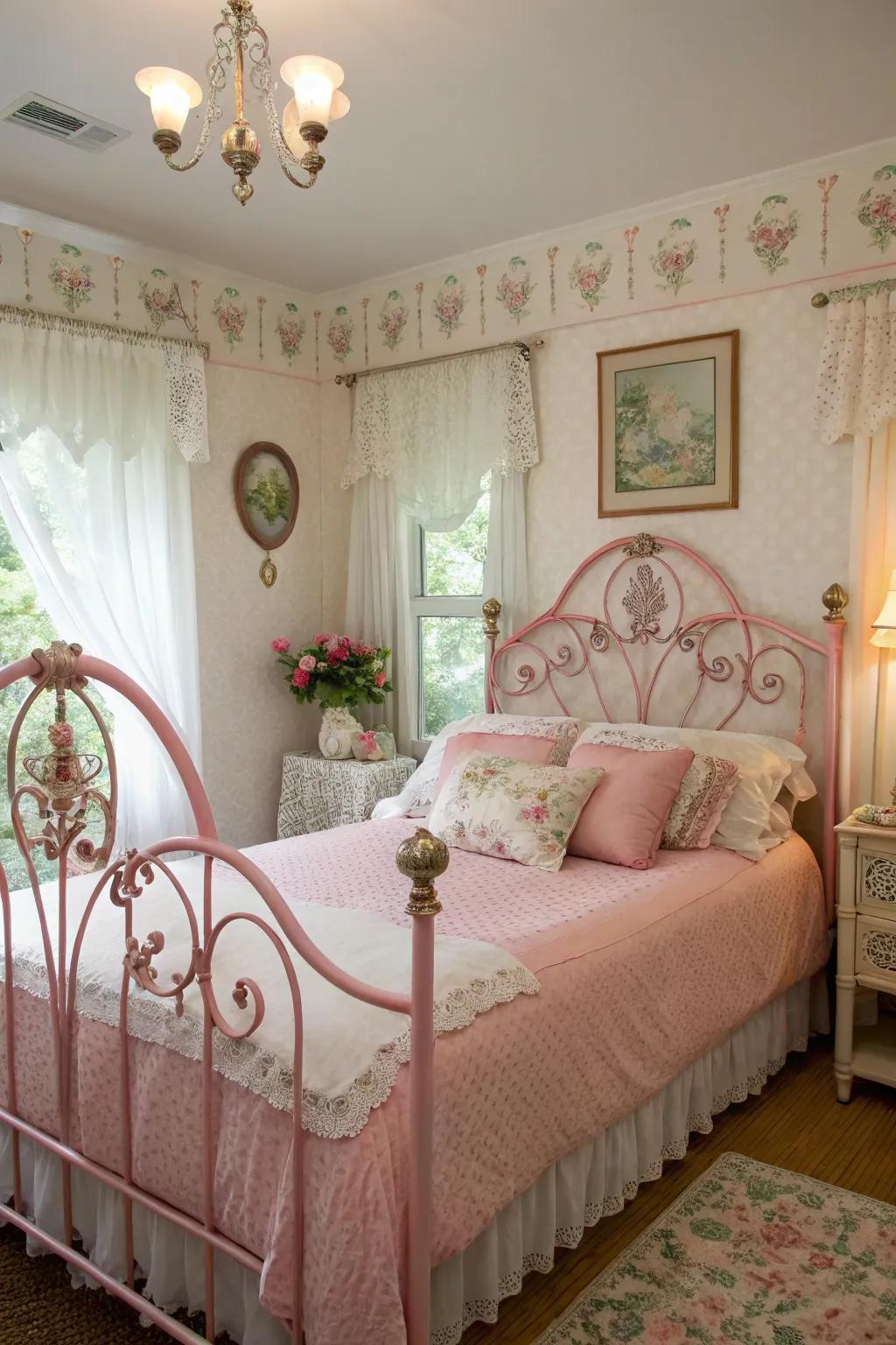 A vintage and romantic bedroom featuring a pink wrought iron headboard.