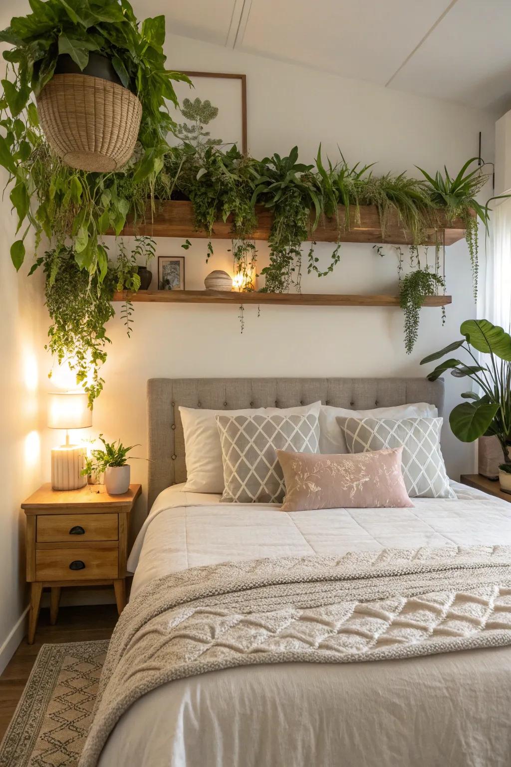 Enhance bedroom peace with overhead plant shelves.