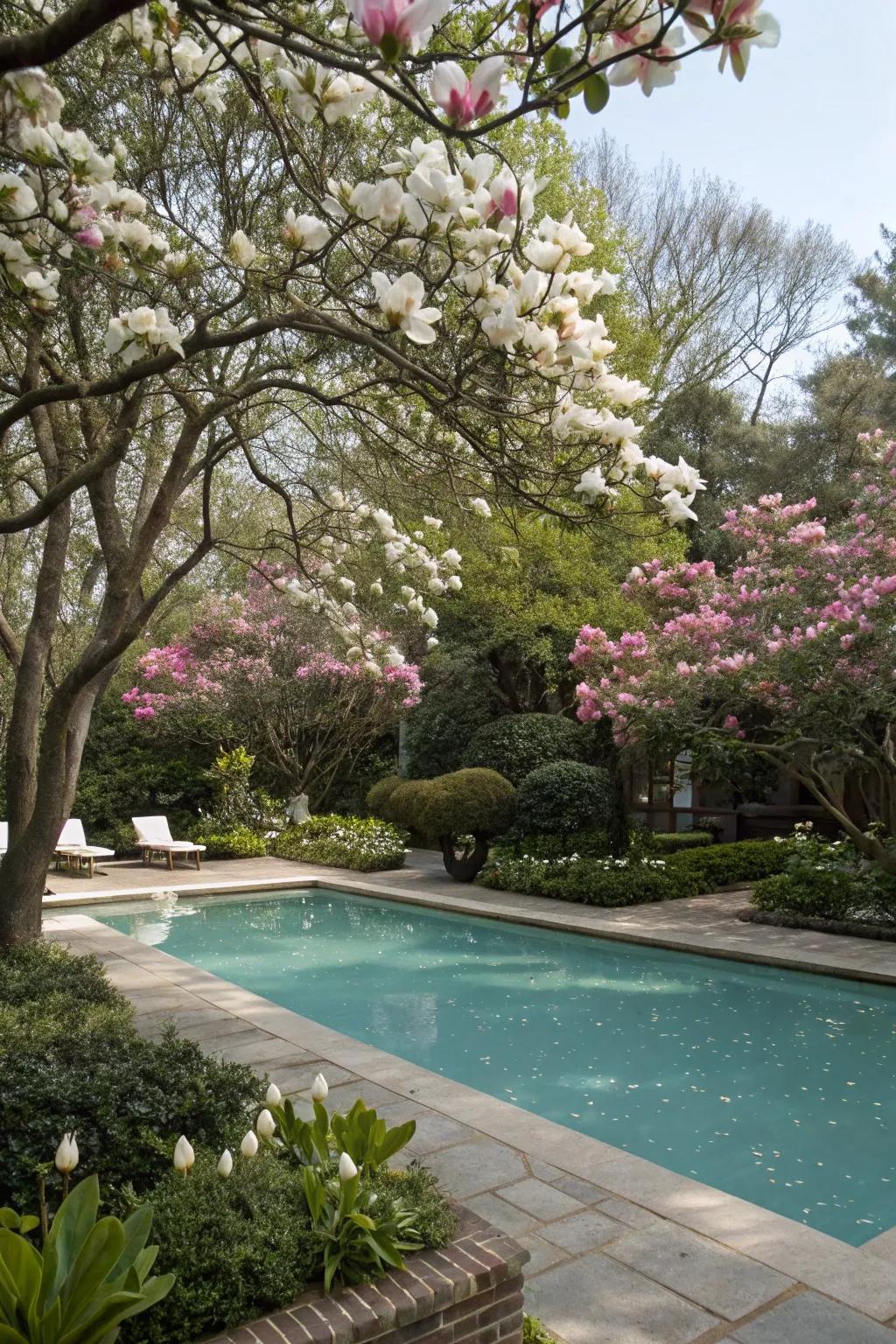 Magnolia trees offer elegance and shade with their iconic blooms.