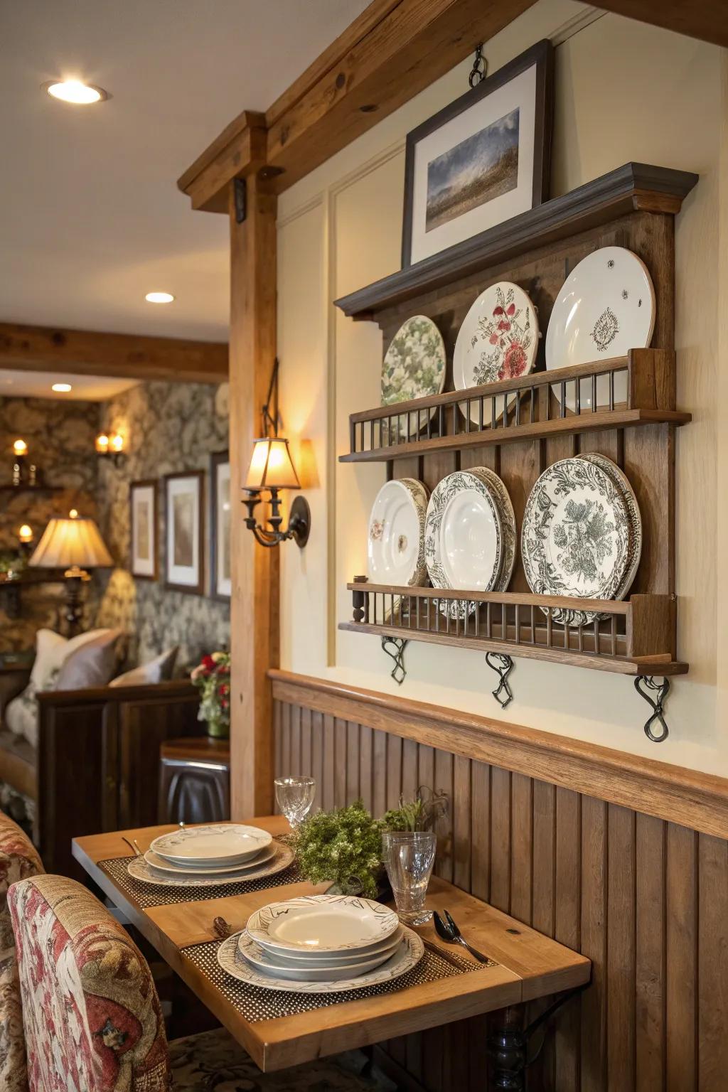 A dining sector showcasing a textured plate rail display