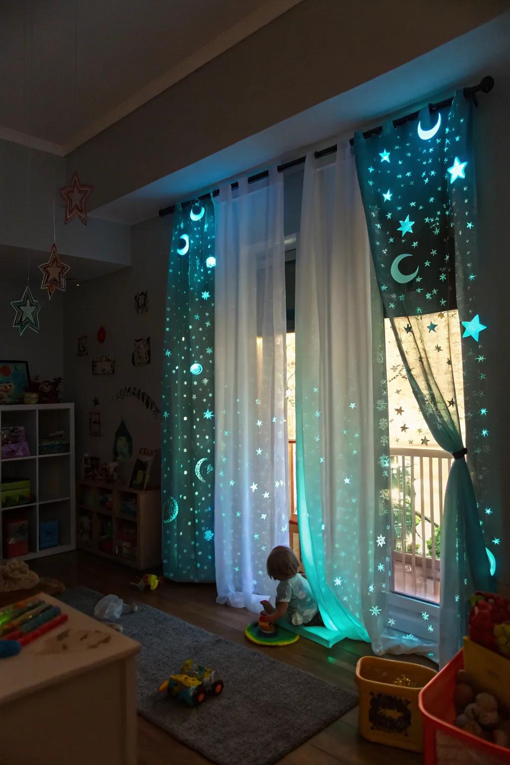 Radiant night drapes design a magical nighttime ambiance.