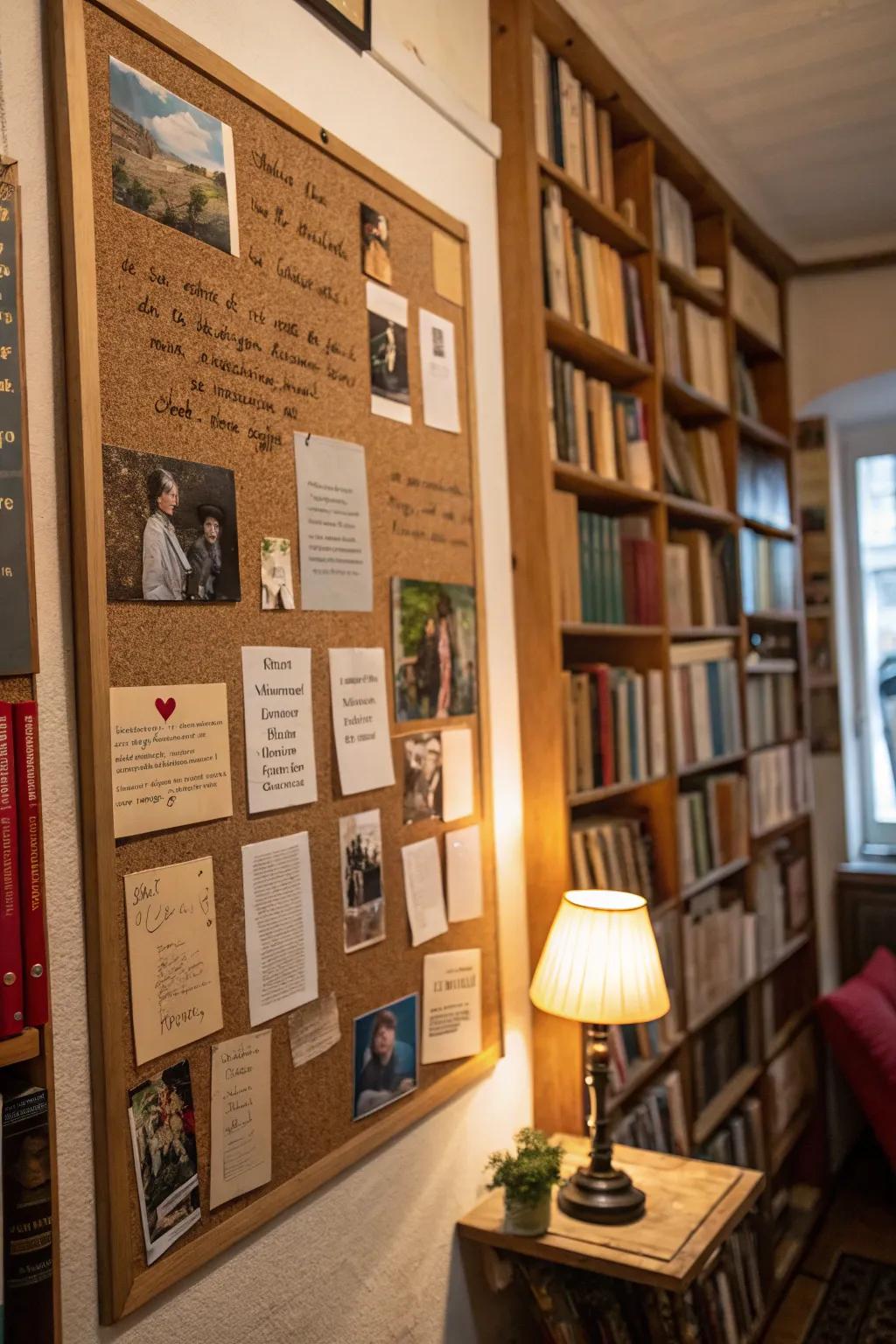 Dynamic and interchangeable poetry showings are achieved via corkboards.