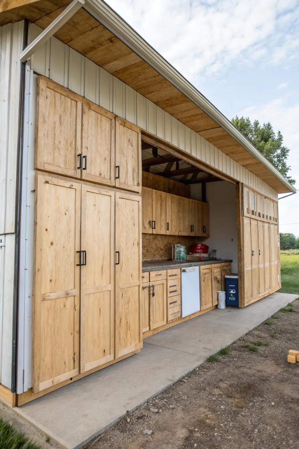 Old cabinets find new life as storage solutions in a pole barn.
