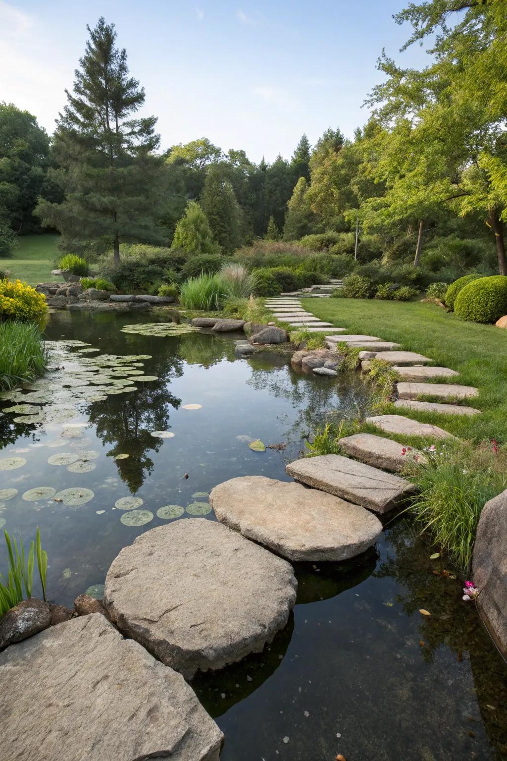 A backyard pond with large traverse tiles creating pathways.