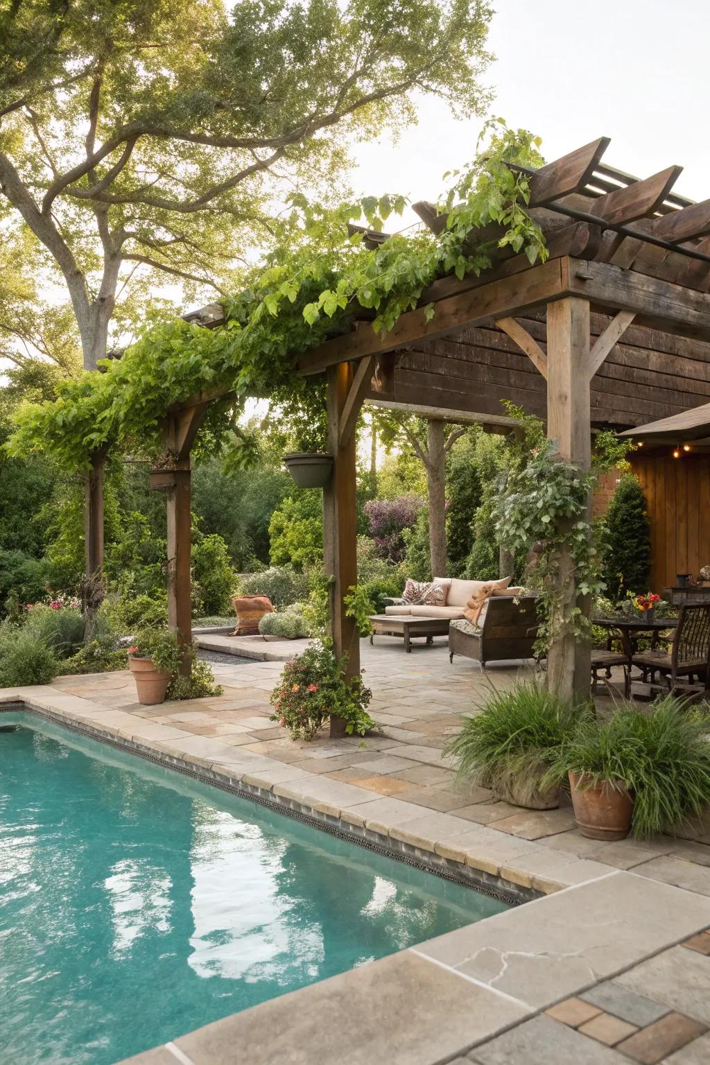 A pool with a rustic trellis delivering shaded respite.