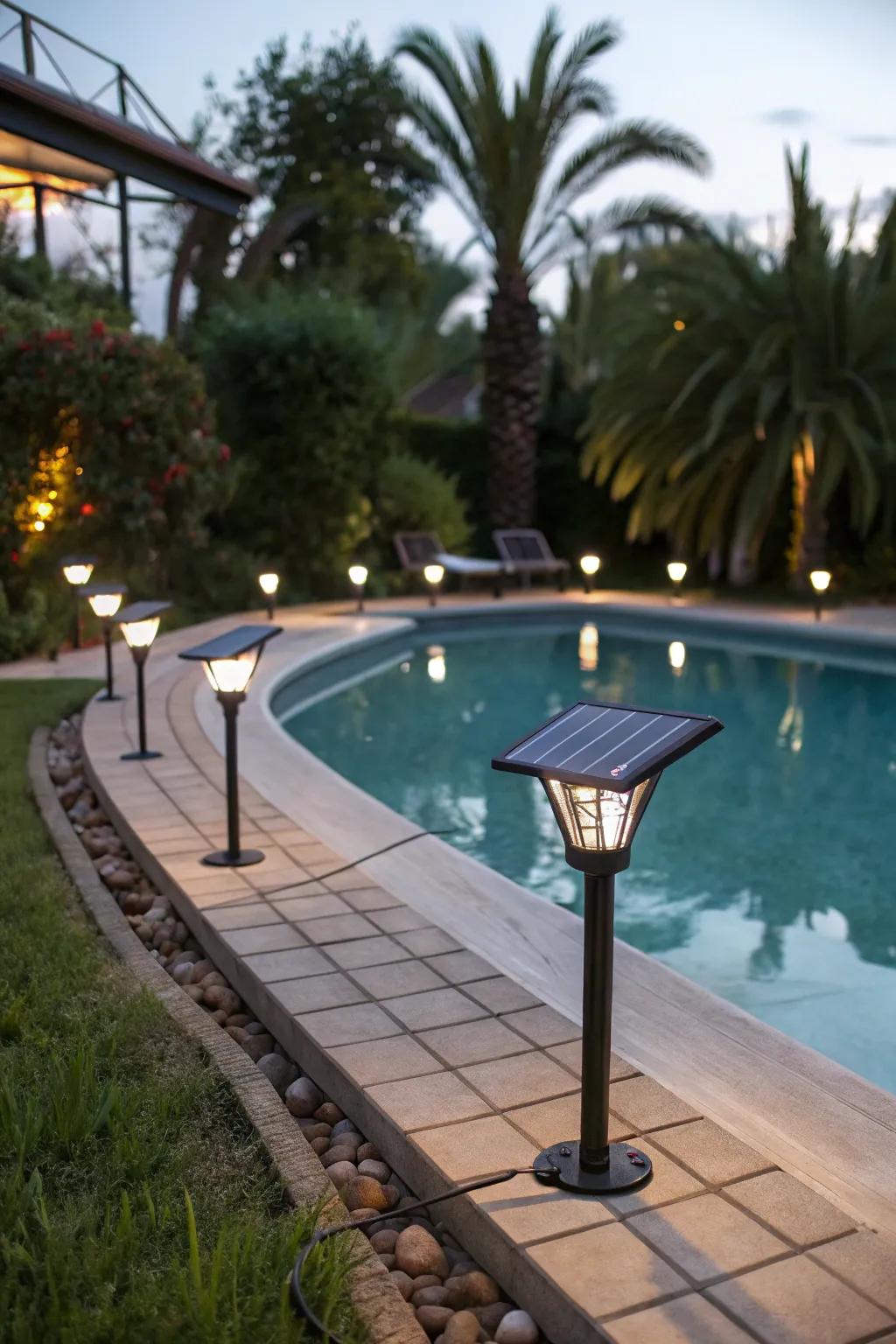 Solar lights are a sustainable choice for poolside illumination.