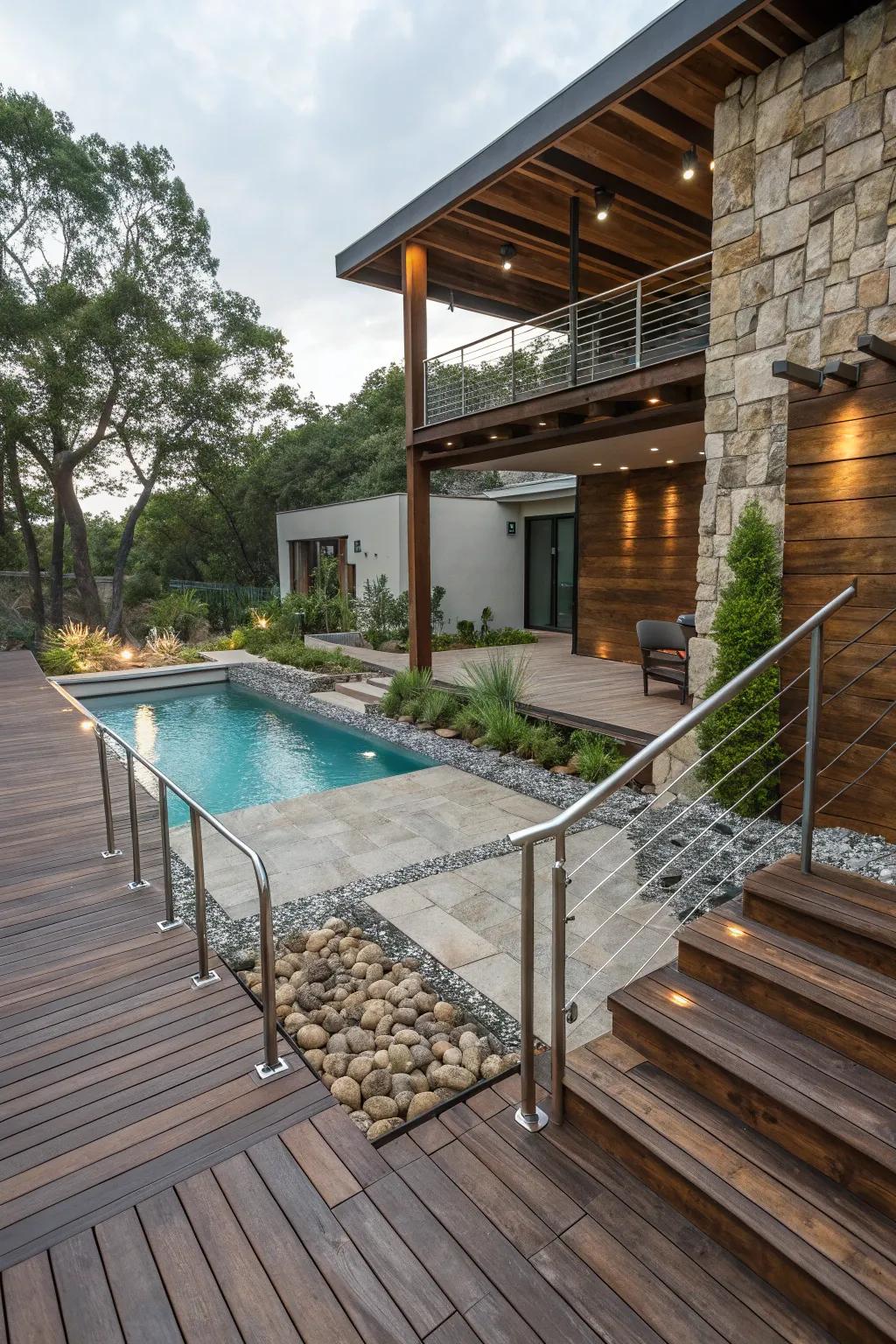 A blend of textures lends depth and intrigue to your poolside landscape.