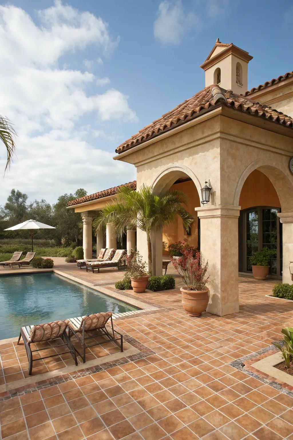 Mediterranean-style pavilions offer a warm, inviting atmosphere with classic finishes.