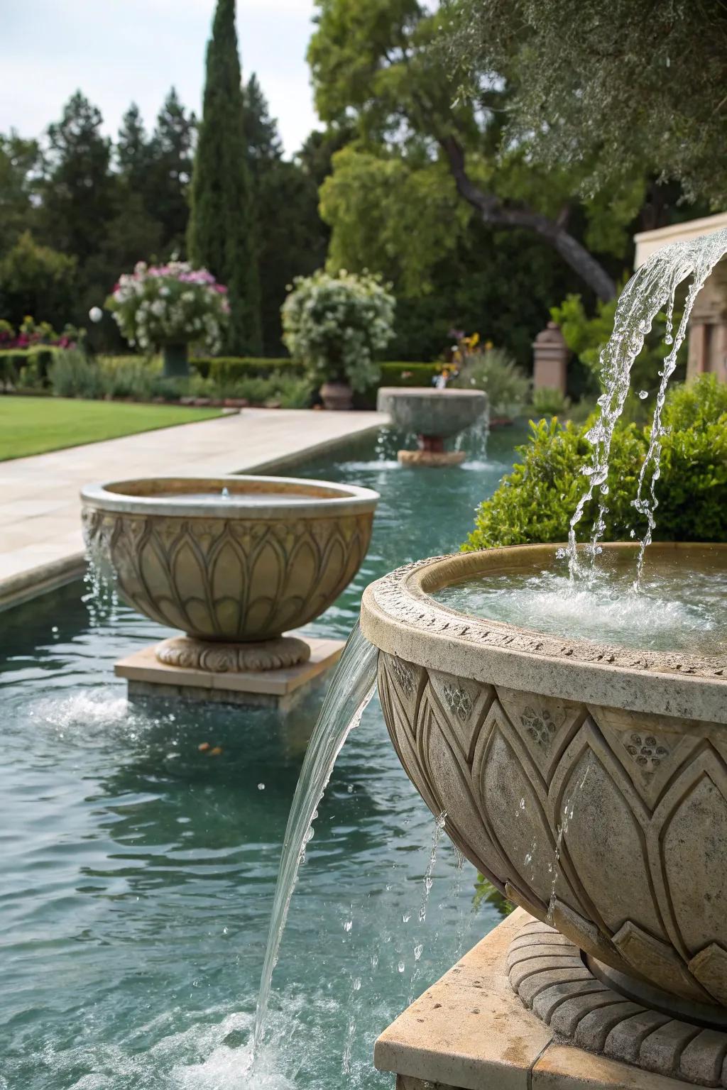 Water bowls contribute a timeless charm and soothing sounds.