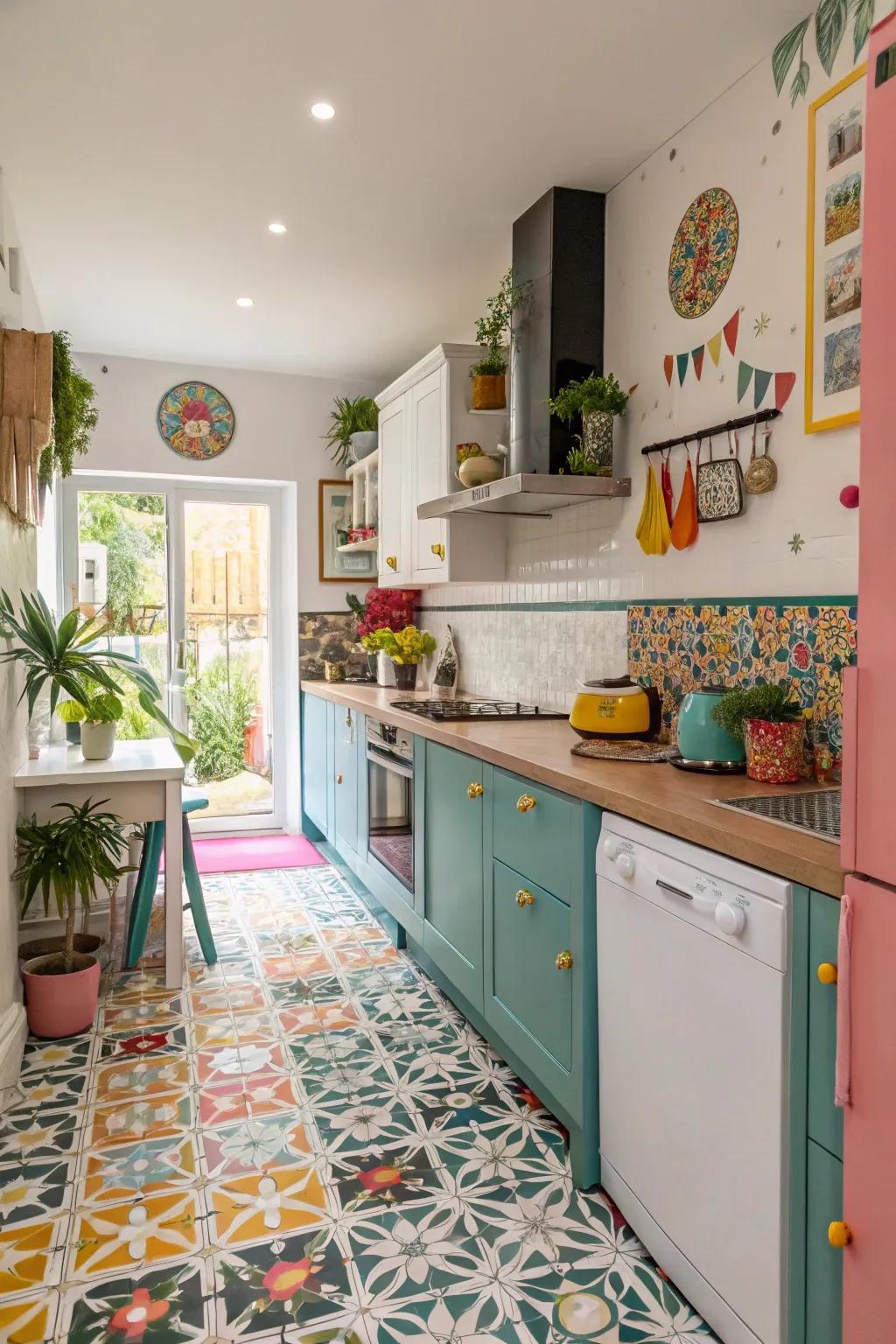 Patterned pieces introduce whimsy and ingenuity to cooking area floors.