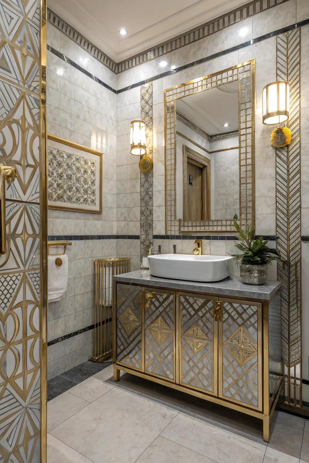 Art Deco influences bring glamour and vintage charm to this beautifully designed bathroom.