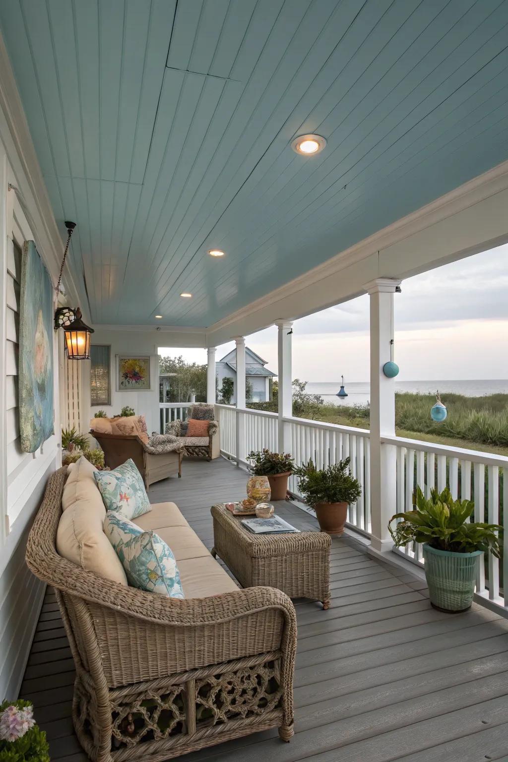 Achieve coastal charm with a blue ceiling.