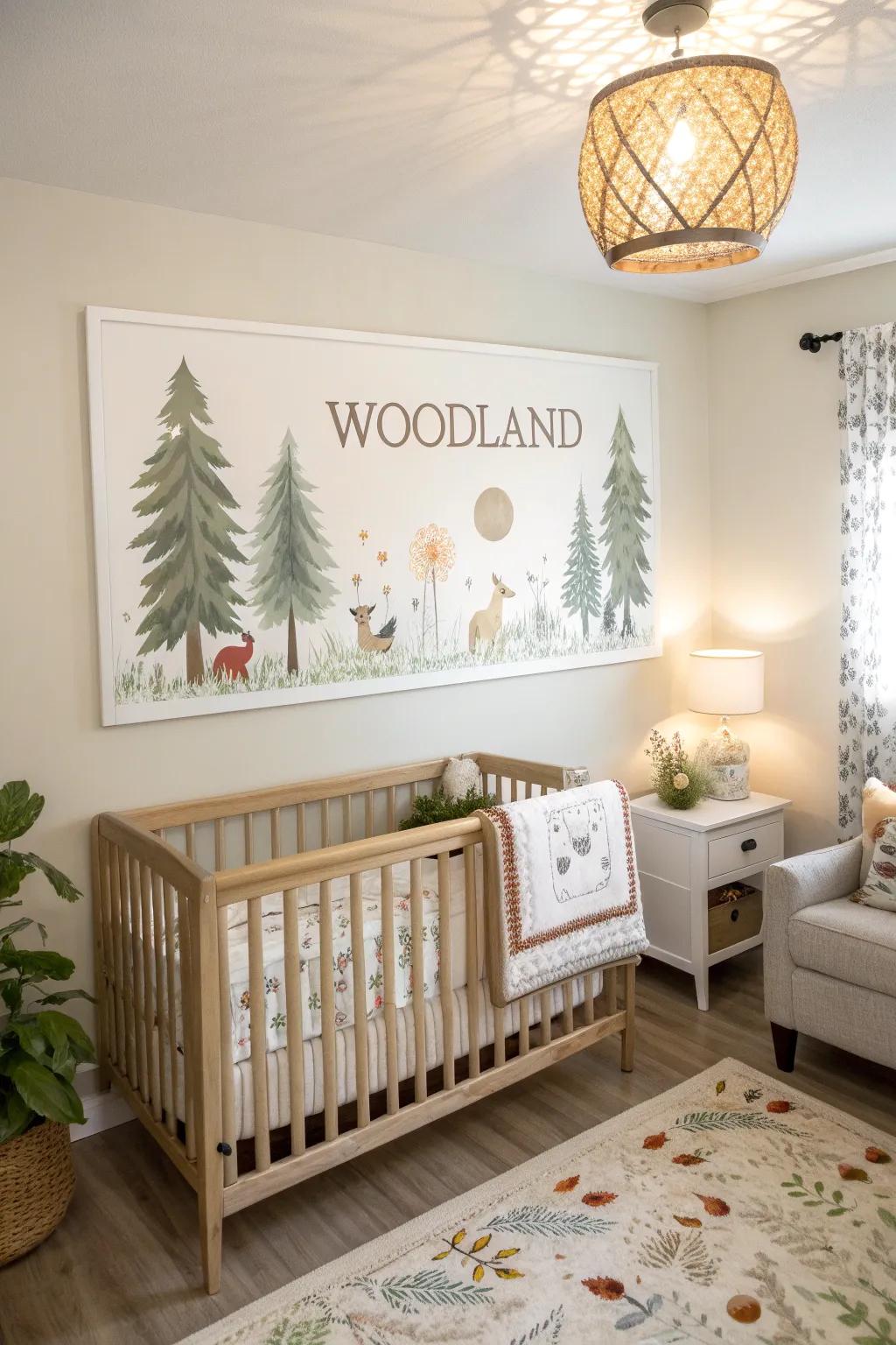 A woodland name poster designing a serene nursery setting.