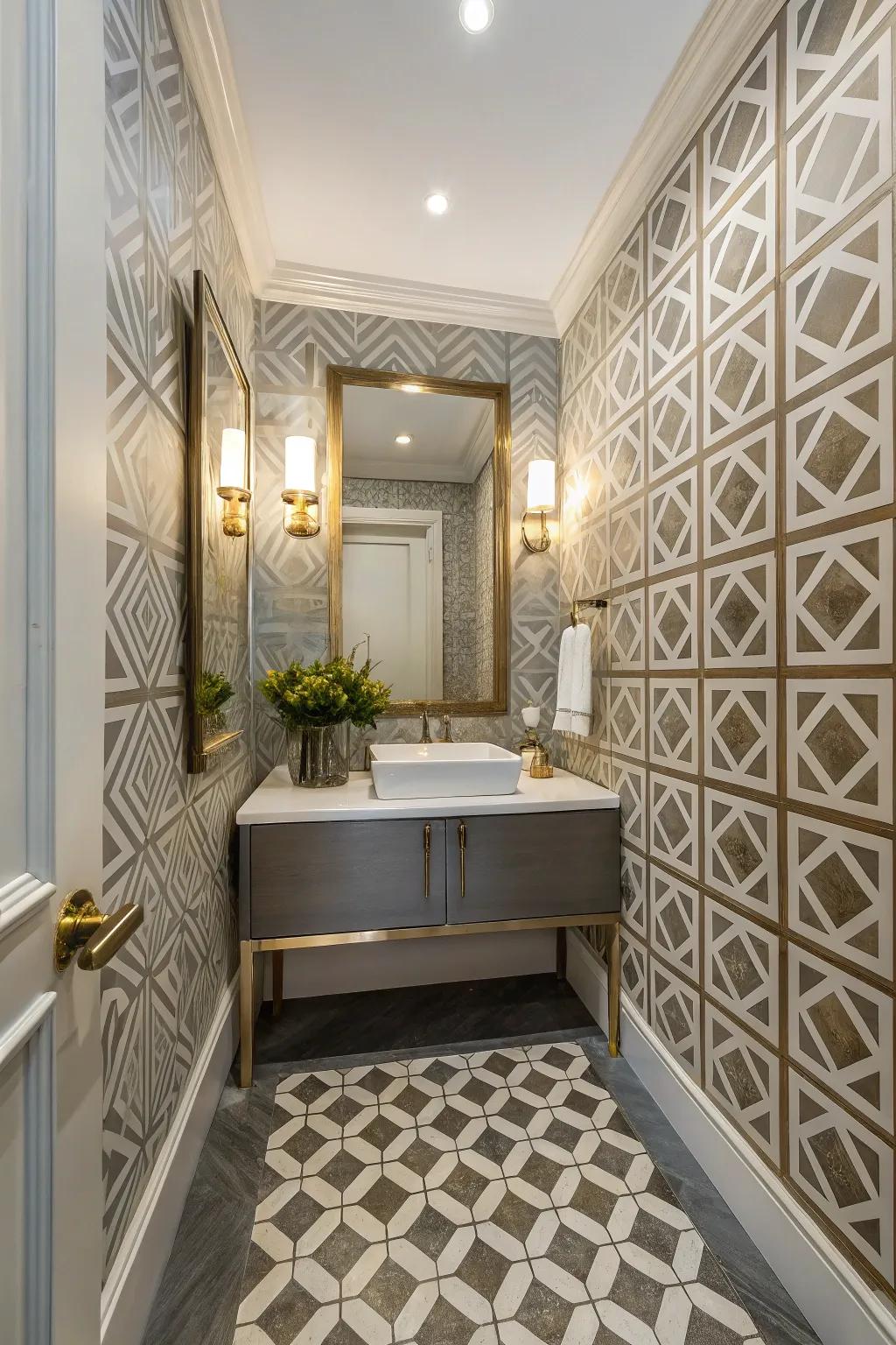 A half-bath showcasing modern geometric motifs.