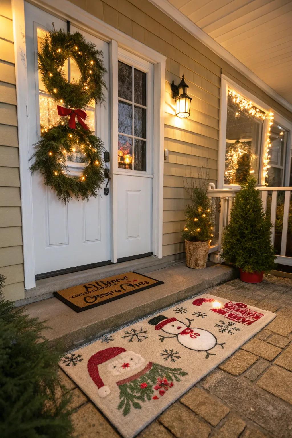 A festive door mat makes the entryway inviting and cheerful.