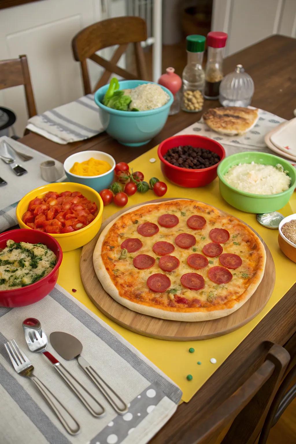 A dining table with a create-your-own pizza arrangement, showcasing various toppings and freshly baked pizzas.