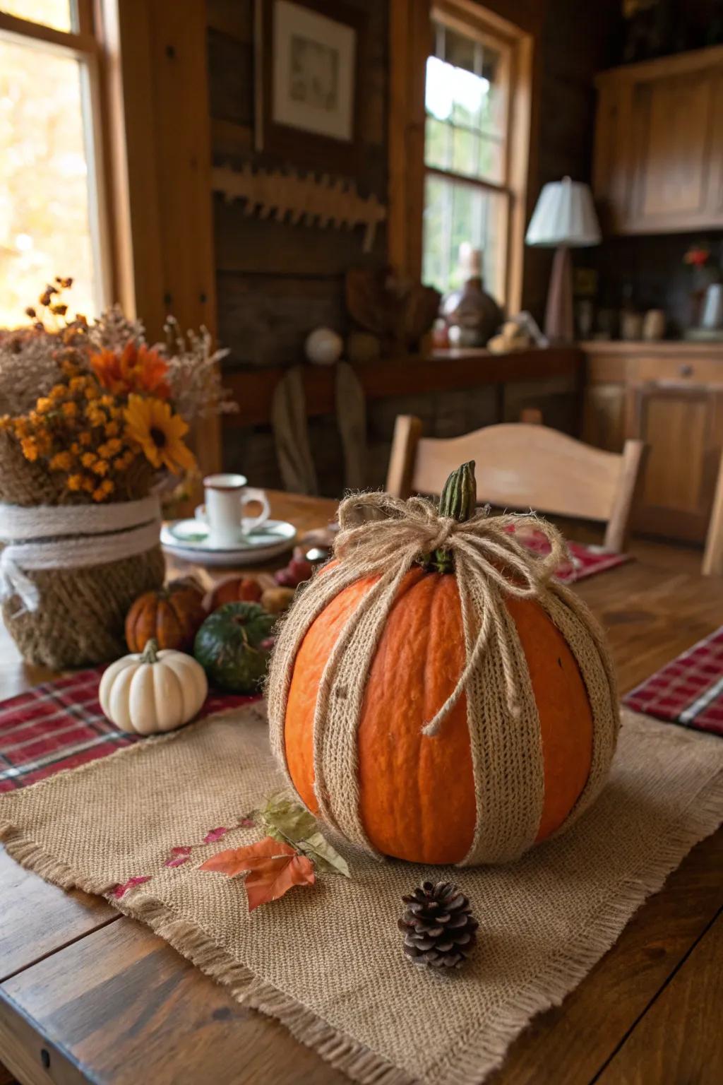 A rustic farmhouse pumpkin adding charm to country-style decor.