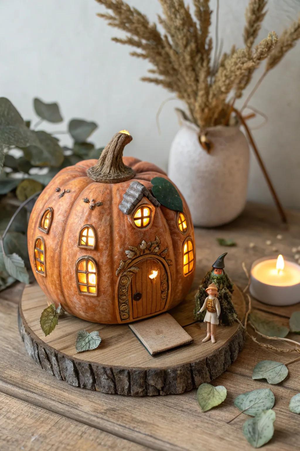 Beguile your domicile with a bewitching pumpkin fairy edifice, where simplicity converges with whimsy.