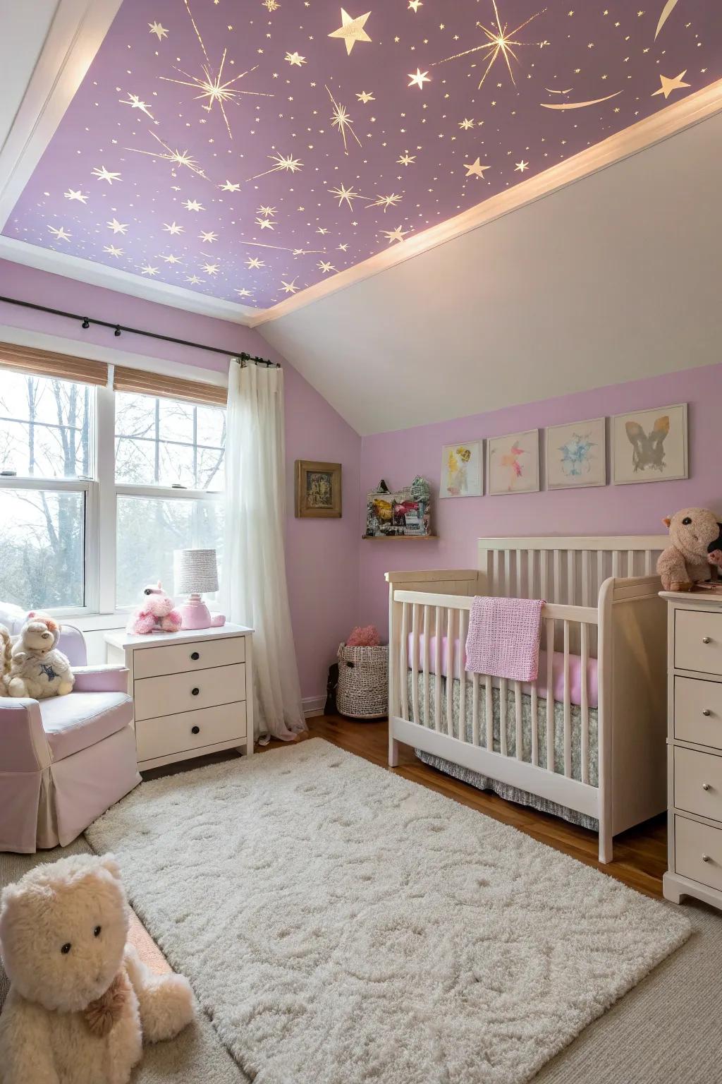 A purple ceiling provides an unexpected and delightful twist.