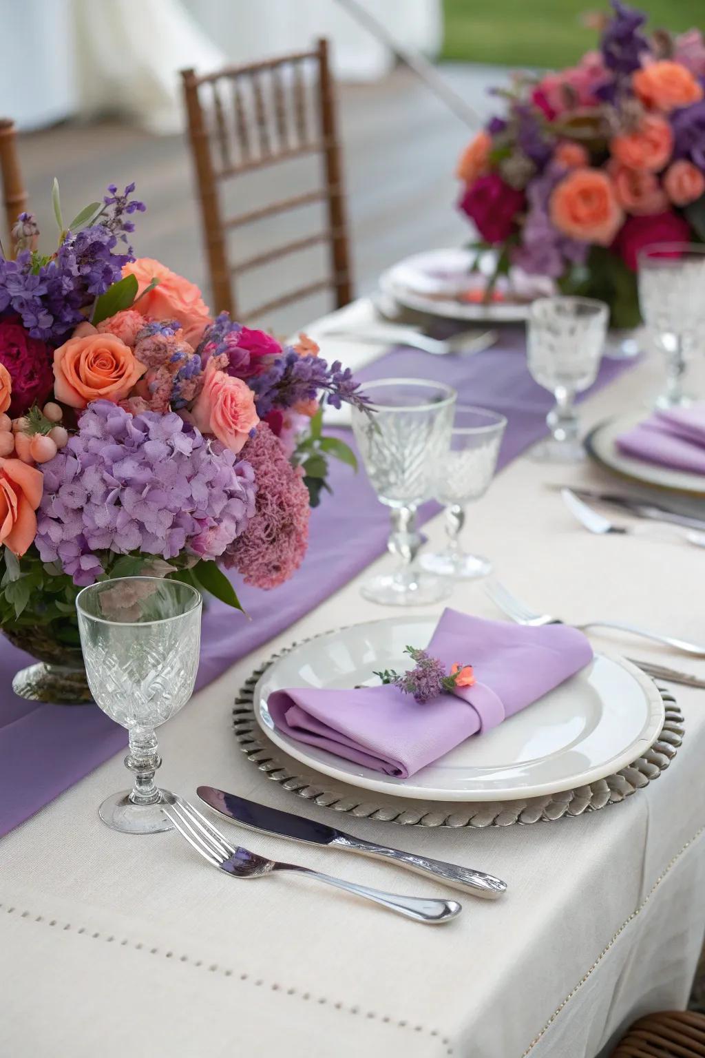 Violet and coral embellishments bring vibrancy and freshness to the decor.