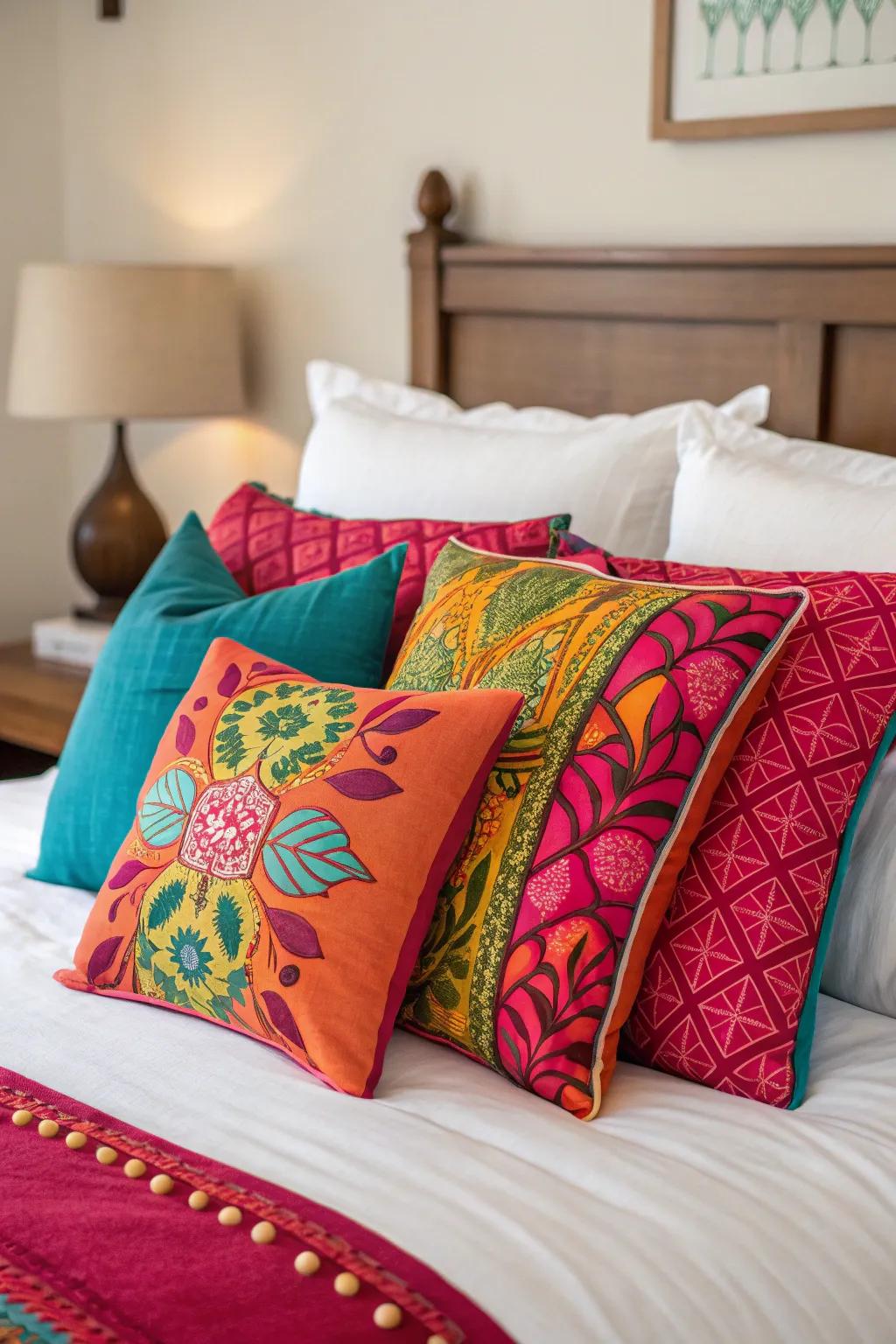 Bold colors make a striking statement in pillow arrangements.