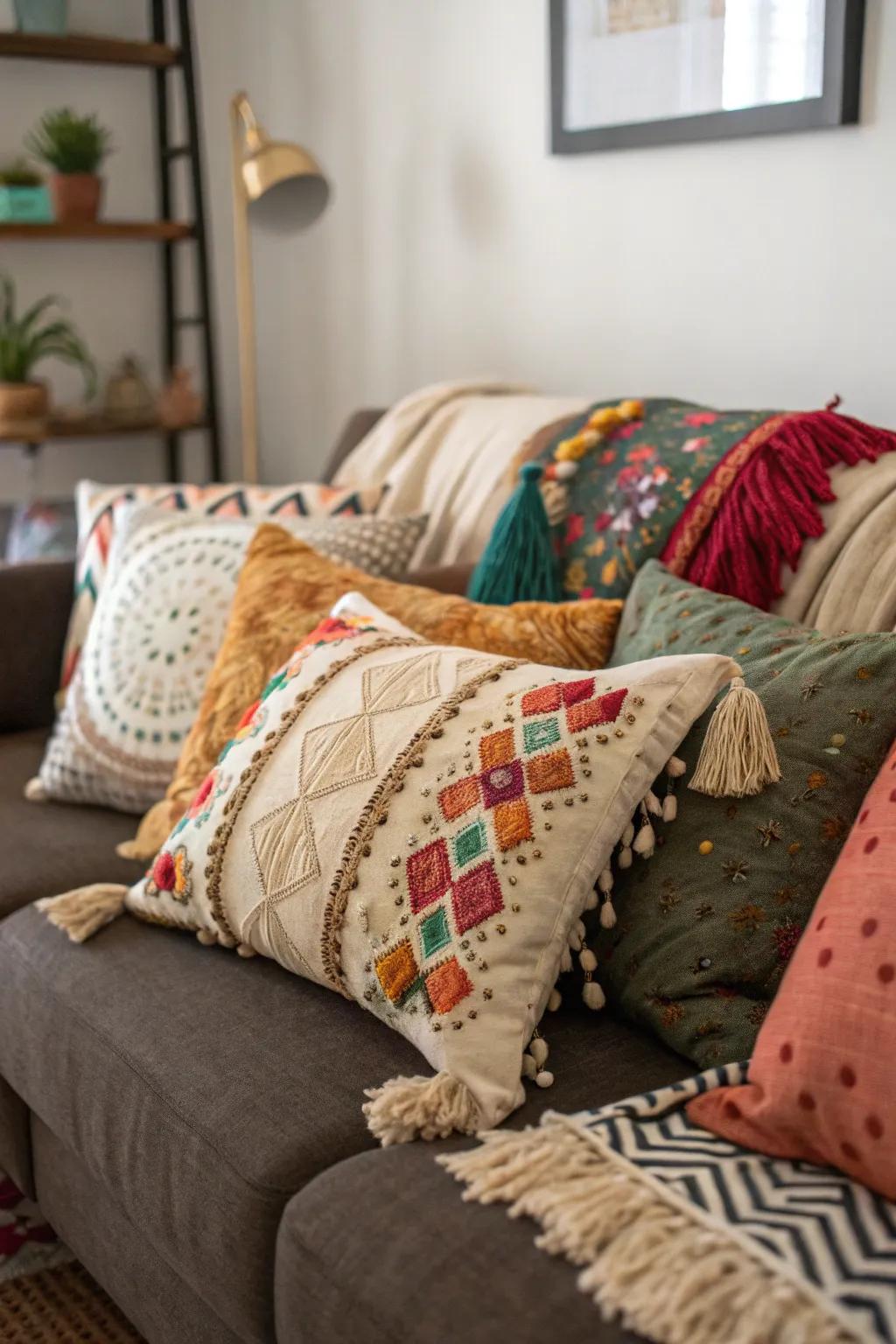 Varied toss pillows add character to the couch.