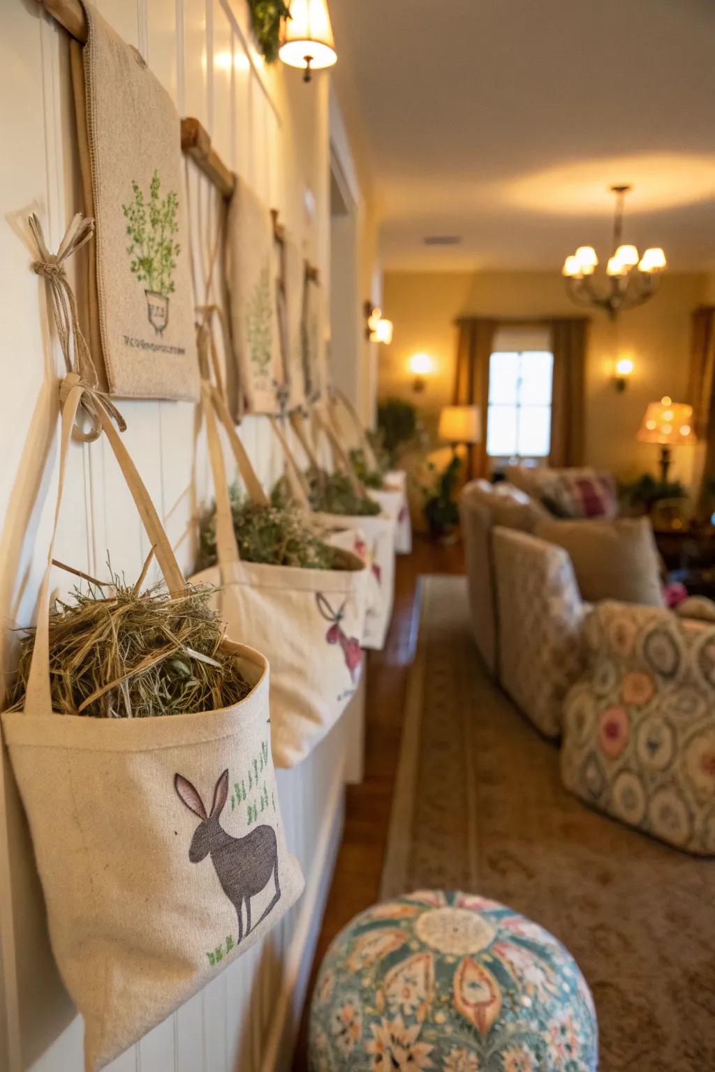 Ornamental sacks offer a charming answer for hay stash.